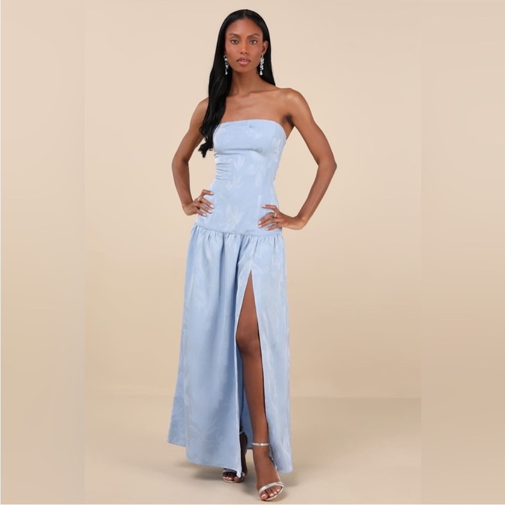 NWT - Lulus Gemmi Satin Jacquard Drop Waist Slit Maxi Dress Light Blue Satin